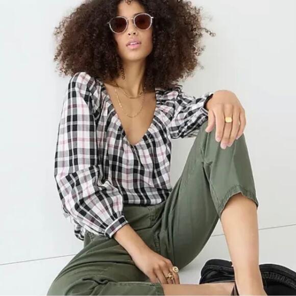 JCrew V-Neck Friday Plaid Long Sleeve Cotton Blend Top Size Medium - Picture 4 of 15